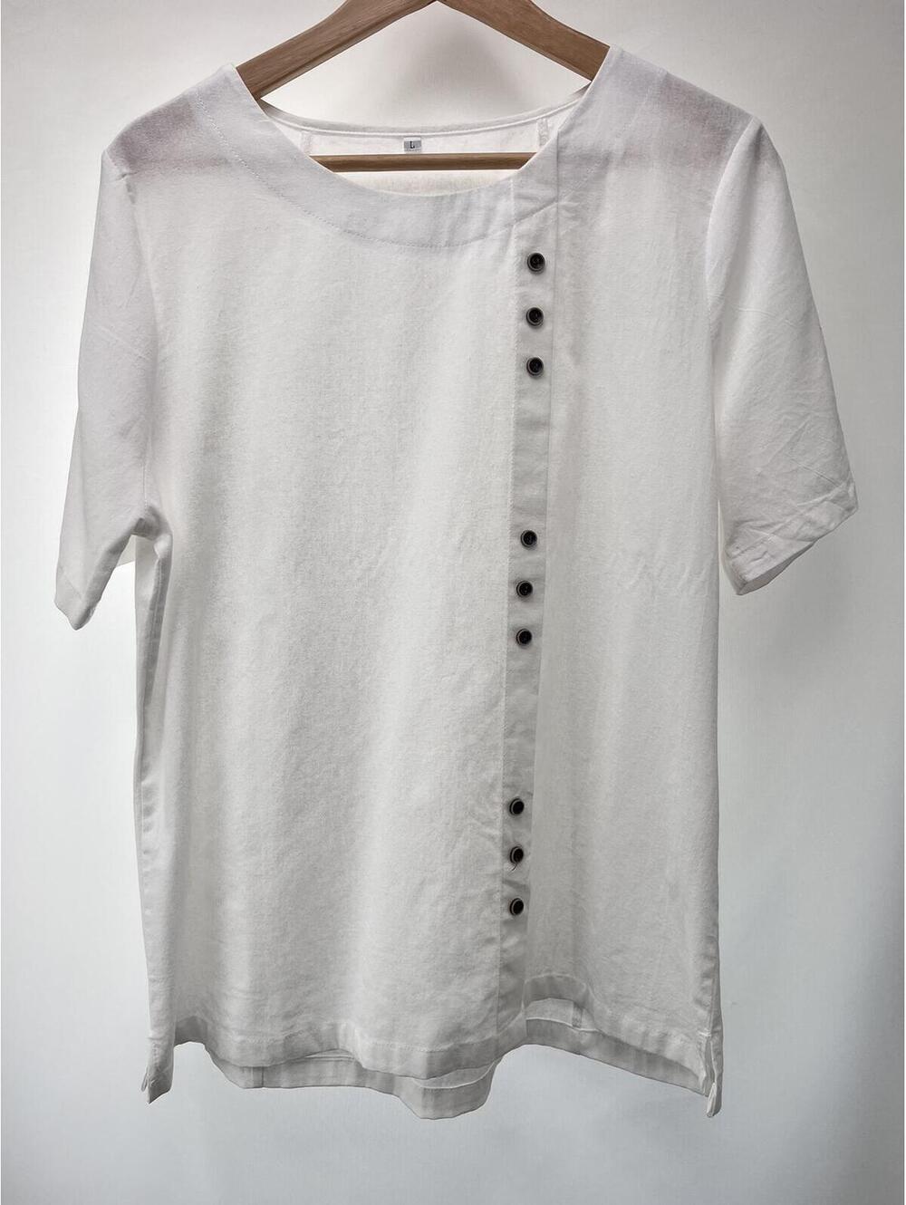 White Button Detail Short Sleeve Shirt Women's Large 100% Cotton